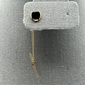 Men's Round Faux Black Stone Tie Tack with Gold Tone Chain Classic Elegant
